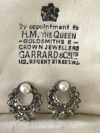 Antique Art Deco Nouveau Sterling Silver Marcasite Pearl Earrings 1900’s London