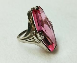 Antique Art Deco Sterling Silver Ring With Pink Glass Stone Size 6