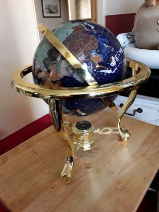 Blue World Globe With Movable Brass Frame And Set Compass.