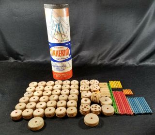 Vintage 1950s Tinkertoy No.  136 Canister W/ 80,  Tinkertoys