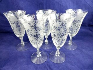 Antique Fostoria Elegant Etched Floral 7 3/4 " Crystal Set 5 Stemmed Wine Glasses