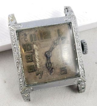 Antique 1920s Aeolian Art Deco Engraved Chrome Plated Mens Watch