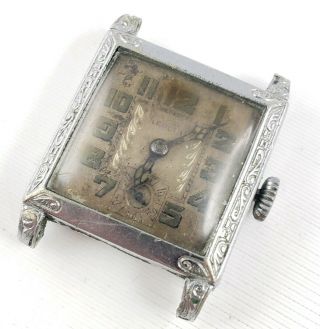 Antique 1920s Aeolian Art Deco Engraved Chrome Plated Mens Watch 2