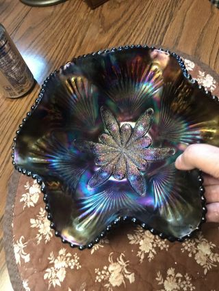 Rare Iridescent Antique Dugan Six Petals Carnival Art Glass Bowl Blue Amethyst