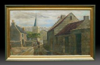 Scottish Antique Oil Painting Street Scene With Horse & Cart.