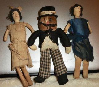 3 Antique Cloth Dolls Primitive Folk Art Hand Made Measures 4 - 5 Inches High