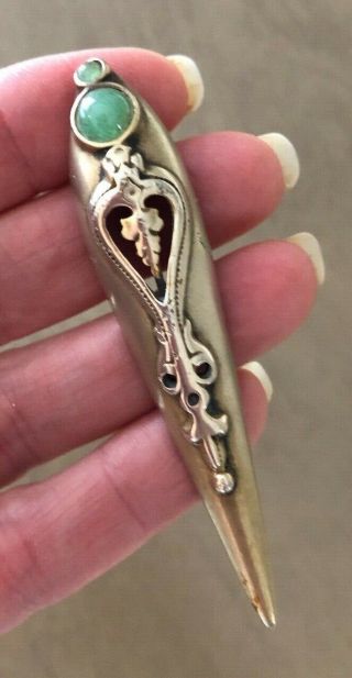Antique Art Deco Nouveau Jade Sterling Embellish Dress Scarf Clip Brooch Pin