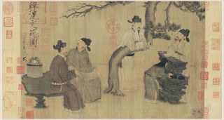 Chinese Old Scroll Painting On Silk Noble Scholars Are At Rest In Tang Dyansty