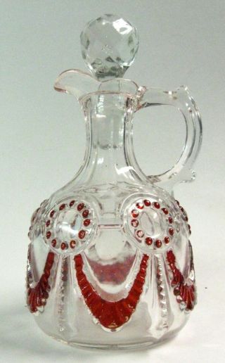 Very Rare Ruby Stained “alabama” Pattern Glass Cruet,  Antique Eapg Circa 1905