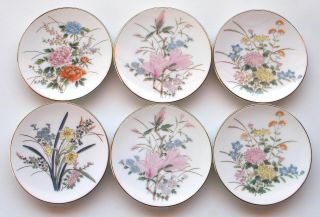 Set Of 6 Vintage Handpainted Floral Butter Pats 4 Designs Gold Edge Unmarked Exc