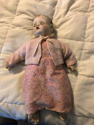 Vintage Plastic Head Baby Doll Blinking Eye Pink Sweater Pink Floral Outfit