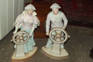 Antique Gebruder Heubach Nautical Bisque Sailor Man & Woman Ship Wheel Figurines