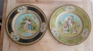 Pair Antique Vienna Art Plate Victorian Tin Litho Maiden Cherubs Vtg Victorian