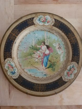 Pair Antique Vienna Art Plate Victorian Tin Litho Maiden Cherubs VTG Victorian 5