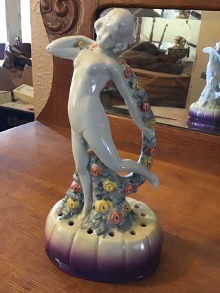 Vintage Art Deco Porcelain Nude Girl With Flowers Flower Frog