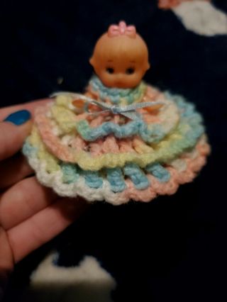 Vintage Tiny Doll Wearing Hand Made Crocheted Dress