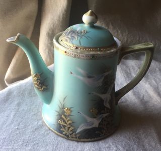 Rare Antique Nippon Tea Pot & Lid Flying Swan Geese Jeweled Moriage Teapot Vase