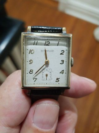 Vintage Antique Wittnauer 10k Gold Filled Square Watch W/lizard Strap.  Automatic