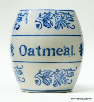 Antique Brush - Mccoy Stoneware Blue & White Oatmeal Barrel Canister - Early 1900s