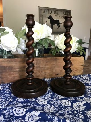 Very Large 14 " Barley Twist Turned Wooden Candlesticks On Bases