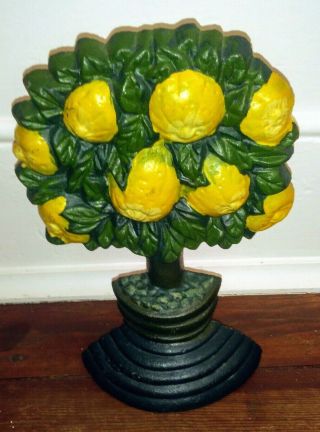 Antique Cast Iron Lemon Tree Doorstop With Paint Rare Hard To Find Look