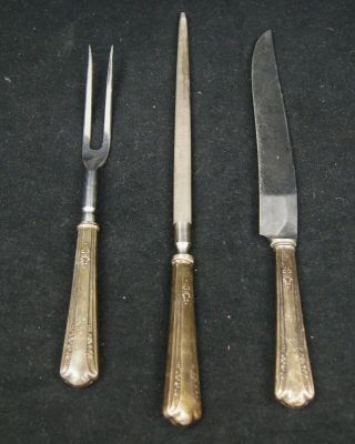 Set Of Vintage Meat Carving Knife,  Fork,  & Sharpener Sterling Steel A8870