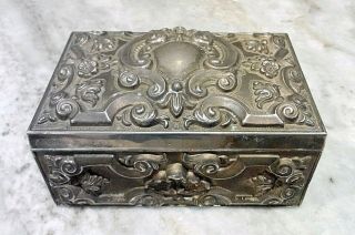 French Antique Ornate Rococo Scroll Metal Silver Jewelry Box w Red Velvet Inside 2