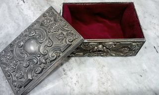 French Antique Ornate Rococo Scroll Metal Silver Jewelry Box w Red Velvet Inside 3