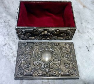 French Antique Ornate Rococo Scroll Metal Silver Jewelry Box w Red Velvet Inside 4