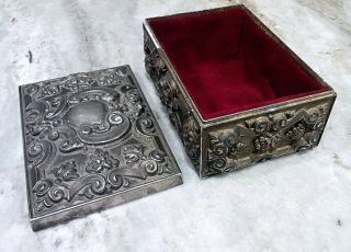 French Antique Ornate Rococo Scroll Metal Silver Jewelry Box w Red Velvet Inside 5