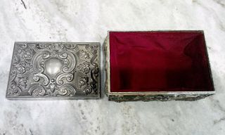 French Antique Ornate Rococo Scroll Metal Silver Jewelry Box w Red Velvet Inside 6