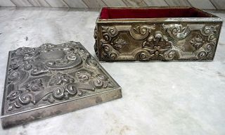 French Antique Ornate Rococo Scroll Metal Silver Jewelry Box w Red Velvet Inside 7