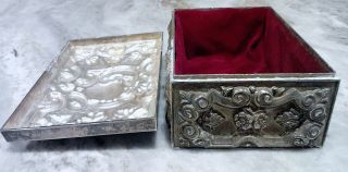 French Antique Ornate Rococo Scroll Metal Silver Jewelry Box w Red Velvet Inside 8