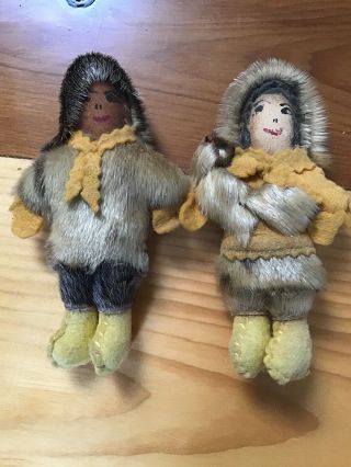 Set Vintage Handmade Inuit Native Eskimo 5” Doll Fur Leather Alaska Folk Art