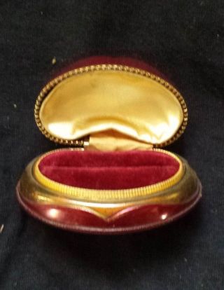 Antique Vintage Leather & Brass Ring Box Bean Shape W/satin & Velvet Interior