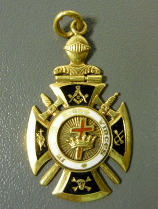 Antique Knights Templar Masonic 14k Gold Enamel In Hoc Signo Vinces Pendant 5.  7