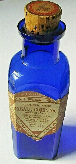 Antique Cobalt Bottle Oxgall Comp 3 Moore & Co Worcester Ma Label Medicine