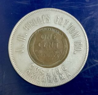 J.  H.  Bellis Cotton Co.  Cushing Oklahoma 1933 - D Encased Cent Ok Good Luck Token
