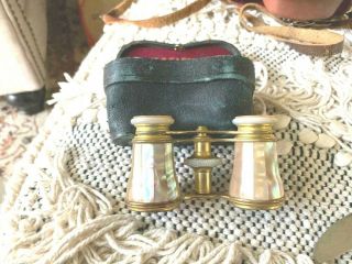 Antique Lemaire Paris Opera Glasses Binoculars Mother Of Pearl Brass & Case