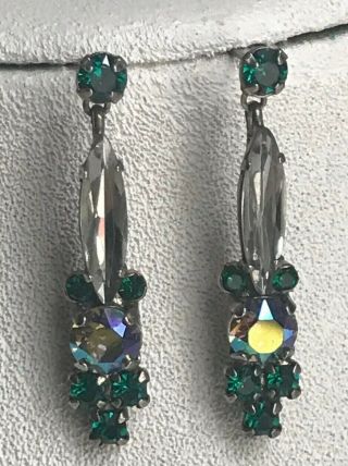 Sorrelli Vintage Earrings Signed Antique Silvertone Clear Emerald Green Ab1 1/4”