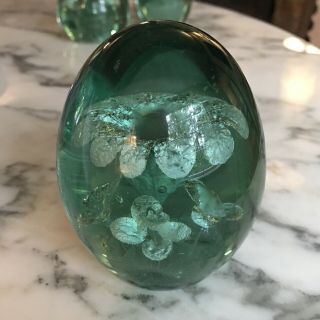 Antique Victorian Green Bottle Glass 4.  5 " Dump Paperweight Foil Flowers England
