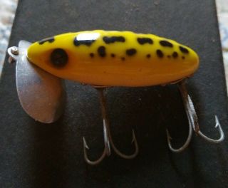Vintage Fred Arbogast Jitterbug Lure Frog Color Akron Ohio Yellow Black Green