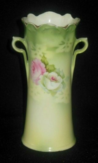 Antique Hand Decorated Hat Pin Holder Double Handle Vase Scalloped Rim