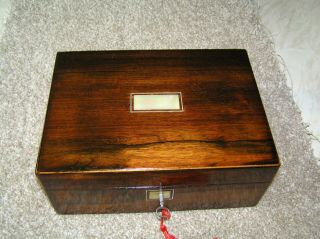 Antique Victorian Rosewood Jewellery/trinket Box,  Mop/pewter Stringing,  Lock/key