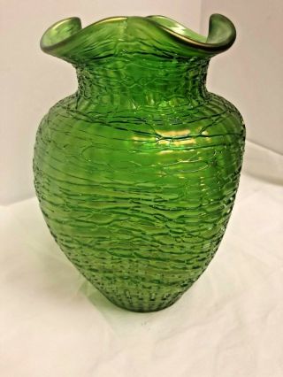 Antique Large Loetz Bohemian Green Iridescent Art Glass Vase