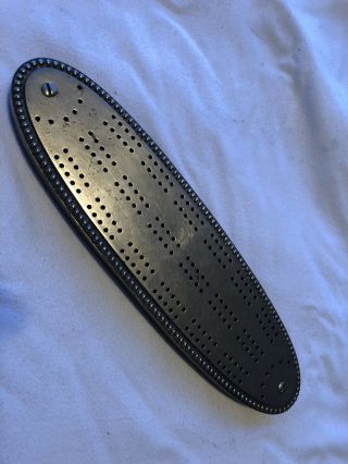 Antique Cribbage Board With Metal Face,  Wood Base
