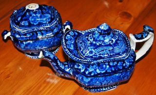 Early 19th C.  Staffordshire Dark Blue Lidded Teapot & Sugar Bowl,  Adams