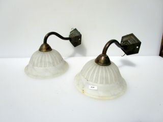 Vintage Brass Wall Lights Old Light X2 Sconces Lamps Ribbed Glass Shades