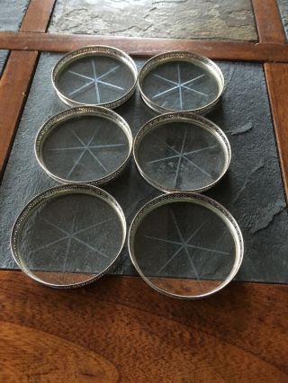 Vintage 6 Sterling Silver Cutout Rolled Rim Cut Glass Starburst Coasters 925