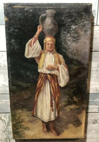 Antique Vintage Oil Painting Of Woman W/ Jug On Head
